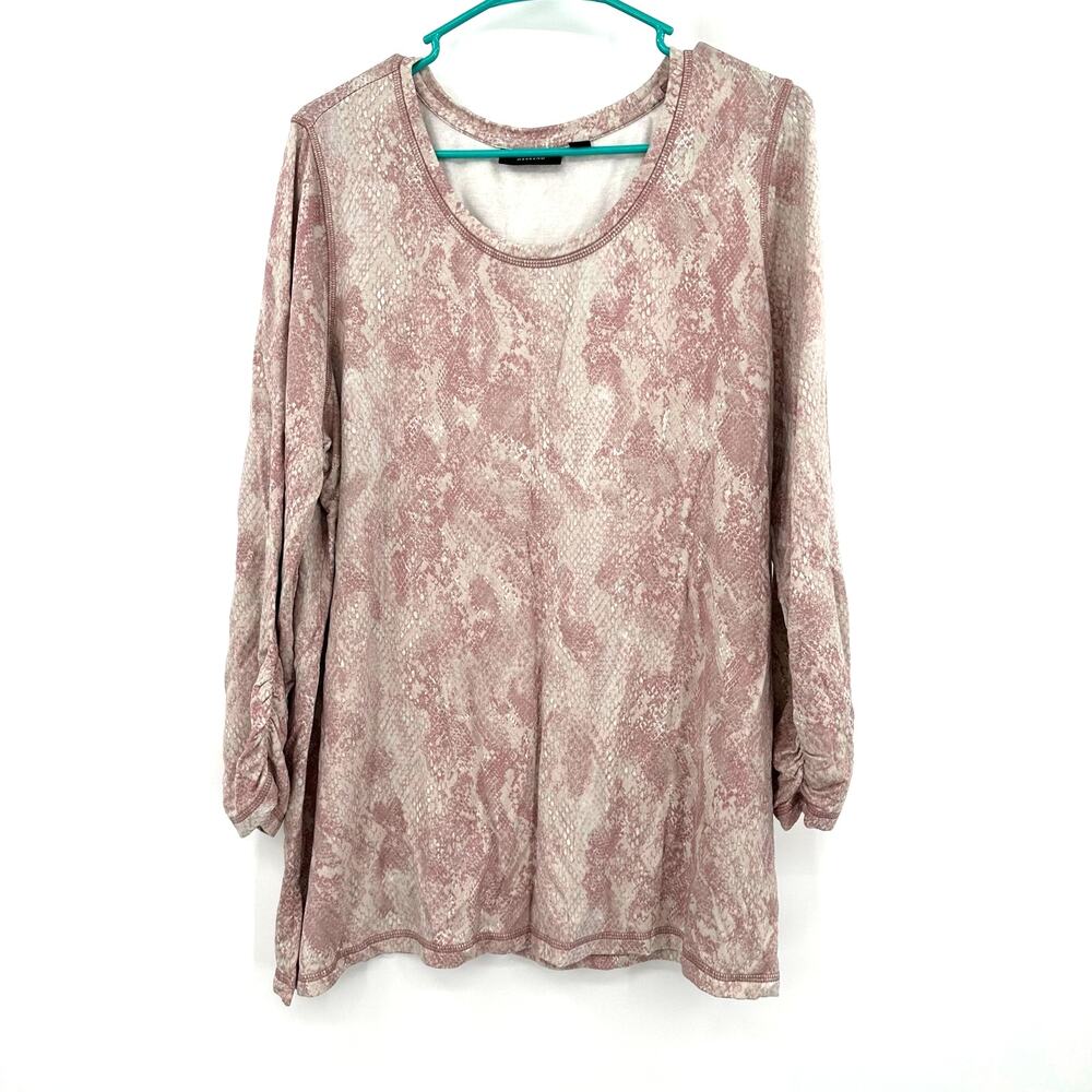 Susan Graver Size XL Shirt Pink Cream Snakeskin Pattern Ruched Sleeve Tunic